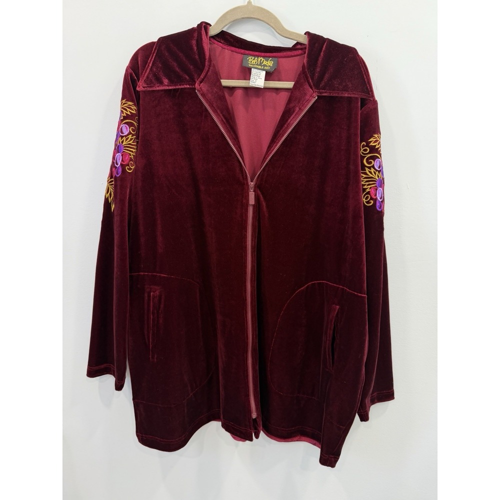 Vintage Bob Mackie Wearable Art Burgundy Velvet Zip Jacket Embroidered Grape 1X